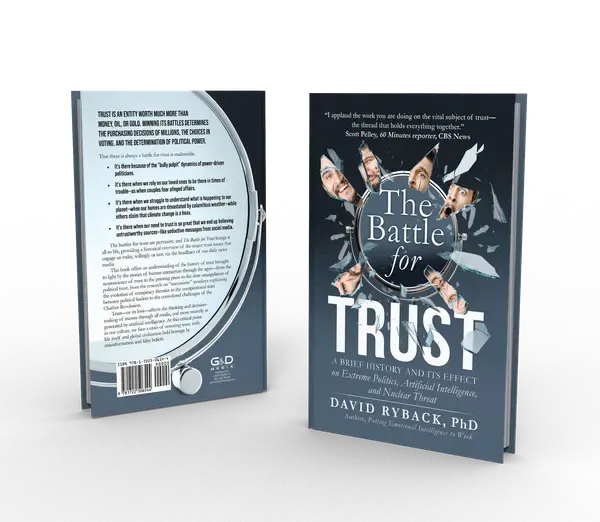 The Battle for Trust: A Brief History and Its Effect on Extreme Politics, Artificial Intelligence, and Nuclear Threat, Back and front 3D mockup, book cover designed by 5MEDIADESIGN