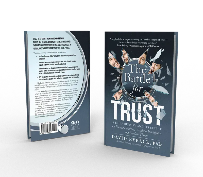 The Battle for Trust: A Brief History and Its Effect on Extreme Politics, Artificial Intelligence, and Nuclear Threat, Back and front 3D mockup, book cover designed by 5MEDIADESIGN