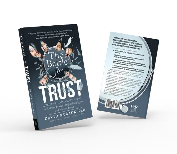 The Battle for Trust: A Brief History and Its Effect on Extreme Politics, Artificial Intelligence, and Nuclear Threat, Front and back duo view, book cover designed by 5MEDIADESIGN