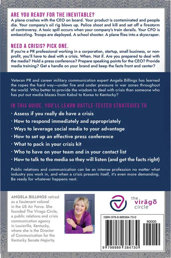 Command the Crisis: Navigate Chaos with Battle-Tested Public Relations and Communication Strategies by Angela Billings, back cover designed by 5MEDIADESIGN