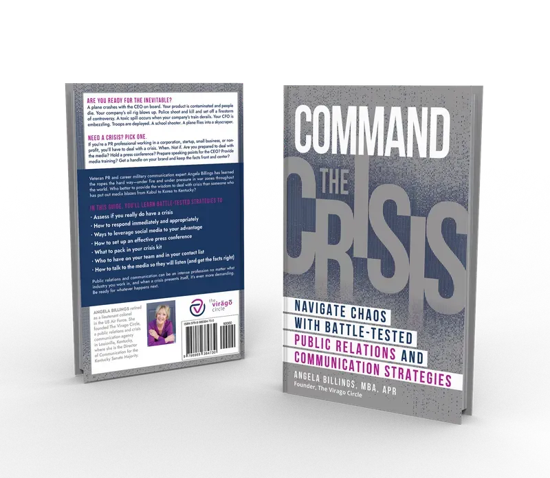 Command the Crisis: Navigate Chaos with Battle-Tested Public Relations and Communication Strategies, Back and front 3D mockup, book cover designed by 5MEDIADESIGN