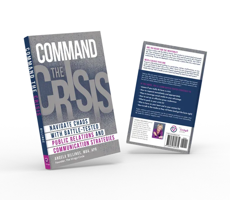 Command the Crisis: Navigate Chaos with Battle-Tested Public Relations and Communication Strategies, Front and back duo view, book cover designed by 5MEDIADESIGN