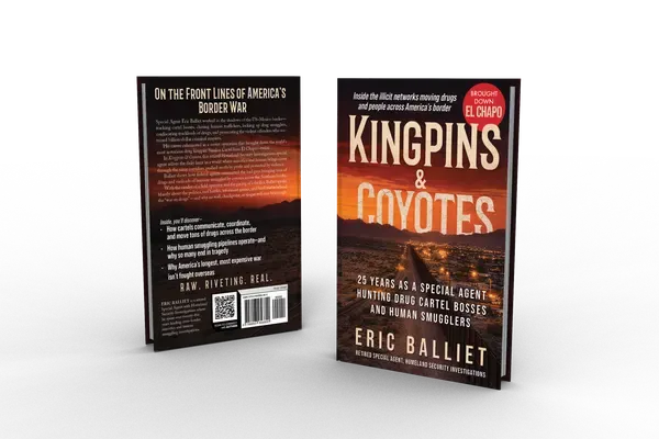 Kingpins & Coyotes: 25 Years as a Special Agent Hunting Drug Cartel Bosses and Human Smugglers, Back and front 3D mockup, book cover designed by 5MEDIADESIGN