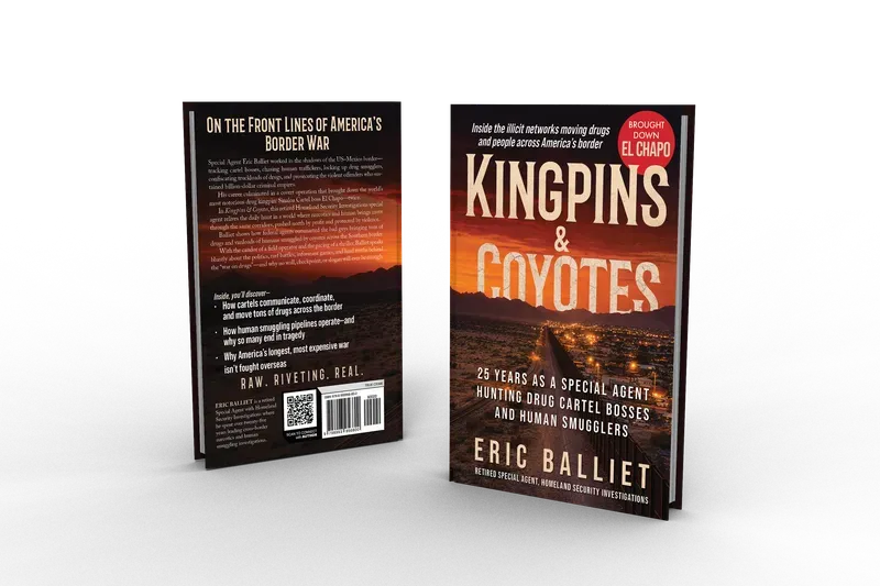 Kingpins & Coyotes: 25 Years as a Special Agent Hunting Drug Cartel Bosses and Human Smugglers, Back and front 3D mockup, book cover designed by 5MEDIADESIGN