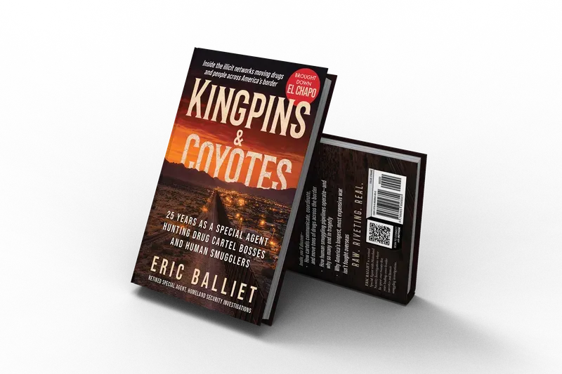 Kingpins & Coyotes: 25 Years as a Special Agent Hunting Drug Cartel Bosses and Human Smugglers, Front and back 3D mockup, book cover designed by 5MEDIADESIGN