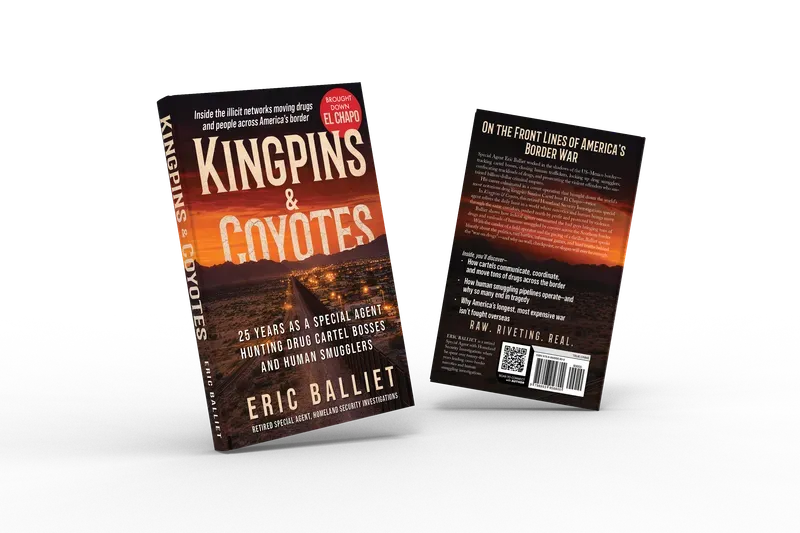 Kingpins & Coyotes: 25 Years as a Special Agent Hunting Drug Cartel Bosses and Human Smugglers, Front and back duo view, book cover designed by 5MEDIADESIGN