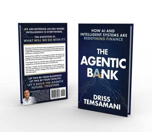 The Agentic Bank: How AI and Intelligent Systems Are Redefining Financing, Back and front 3D mockup, book cover designed by 5MEDIADESIGN