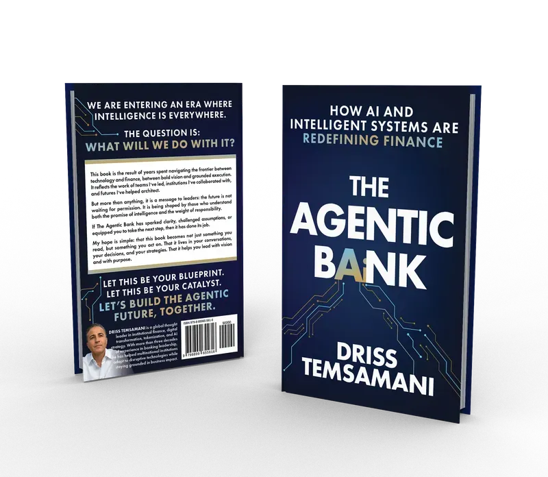 The Agentic Bank: How AI and Intelligent Systems Are Redefining Financing, Back and front 3D mockup, book cover designed by 5MEDIADESIGN