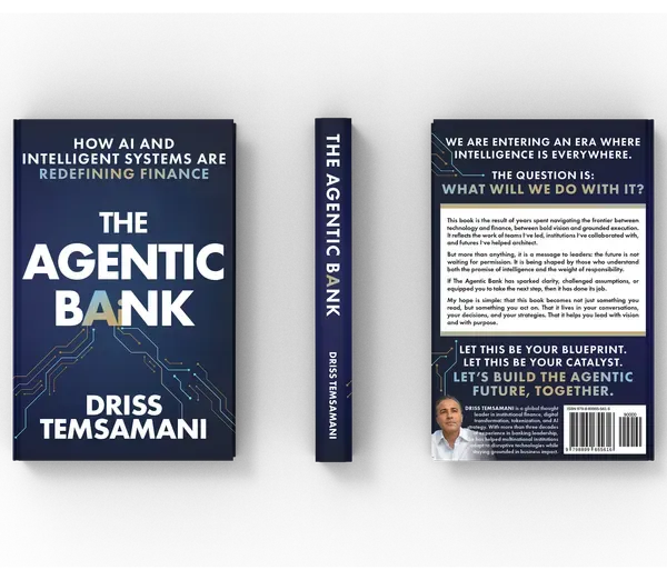 The Agentic Bank: How AI and Intelligent Systems Are Redefining Financing, Full flat layout, book cover designed by 5MEDIADESIGN