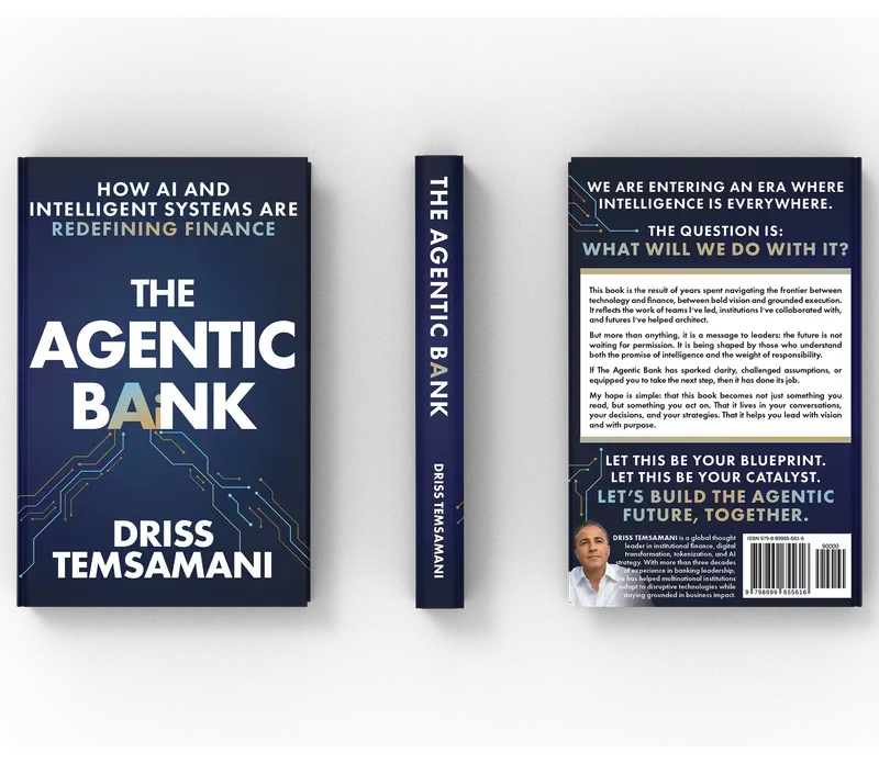 The Agentic Bank: How AI and Intelligent Systems Are Redefining Financing, Full flat layout, book cover designed by 5MEDIADESIGN