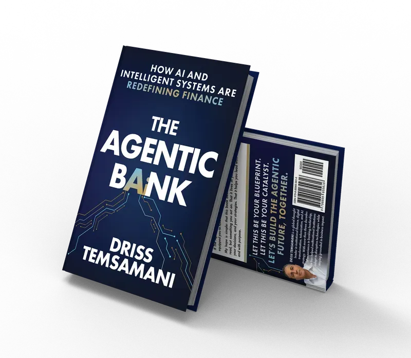 The Agentic Bank: How AI and Intelligent Systems Are Redefining Financing, Front and back 3D mockup, book cover designed by 5MEDIADESIGN