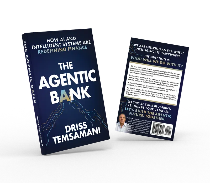 The Agentic Bank: How AI and Intelligent Systems Are Redefining Financing, Front and back duo view, book cover designed by 5MEDIADESIGN