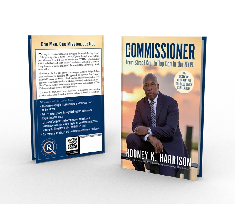 The Commissioner: From Street Cop to Top Cop in the NYPD, and the Inside Story of the Hunt for the Gilgo Beach Serial Killer, Back and front 3D mockup, book cover designed by 5MEDIADESIGN