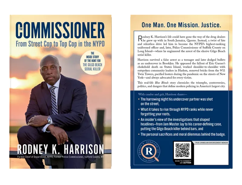 The Commissioner: From Street Cop to Top Cop in the NYPD, and the Inside Story of the Hunt for the Gilgo Beach Serial Killer, Complete flat spread, book cover designed by 5MEDIADESIGN