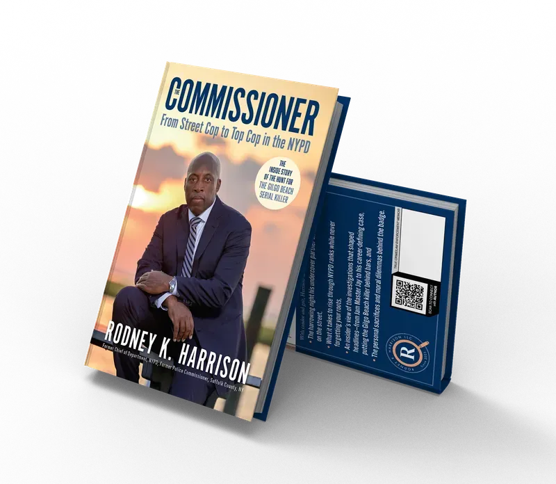 The Commissioner: From Street Cop to Top Cop in the NYPD, and the Inside Story of the Hunt for the Gilgo Beach Serial Killer, Front and back 3D mockup, book cover designed by 5MEDIADESIGN
