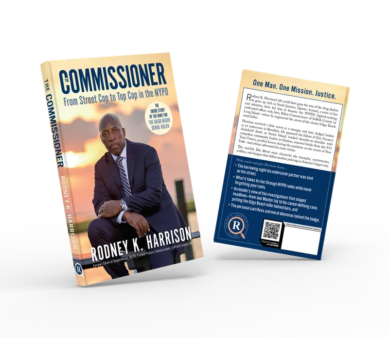 The Commissioner: From Street Cop to Top Cop in the NYPD, and the Inside Story of the Hunt for the Gilgo Beach Serial Killer, Front and back duo view, book cover designed by 5MEDIADESIGN