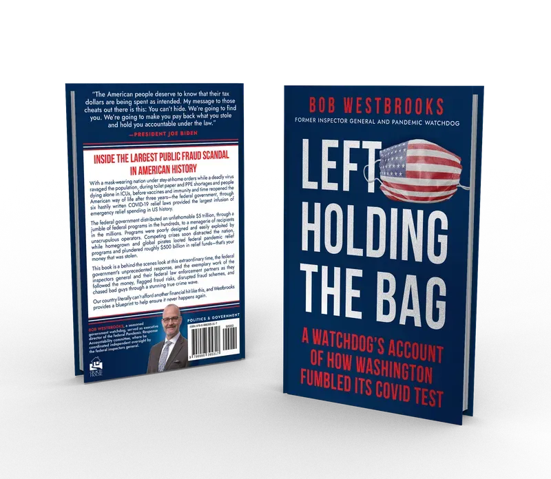 Left Holding the Bag: A Watchdog’s Account of How Washington Fumbled its COVID Test, Back and front 3D mockup, book cover designed by 5MEDIADESIGN
