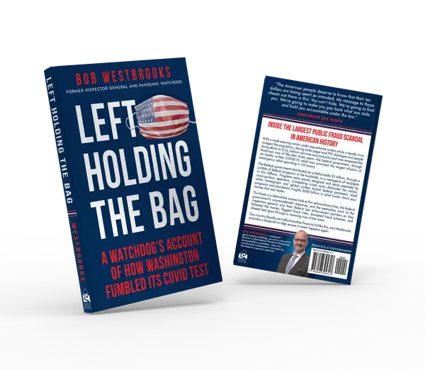 Left Holding the Bag: A Watchdog’s Account of How Washington Fumbled its COVID Test, Front and back duo view, book cover designed by 5MEDIADESIGN