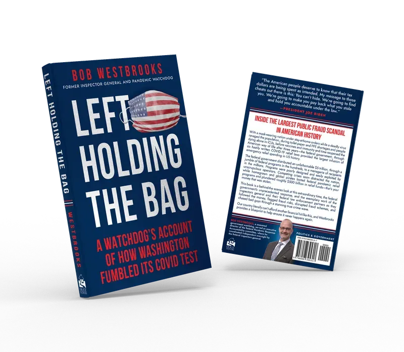 Left Holding the Bag: A Watchdog’s Account of How Washington Fumbled its COVID Test, Front and back duo view, book cover designed by 5MEDIADESIGN