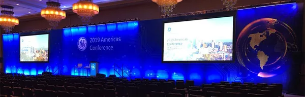 GE 2019 Americas Conference scenic layout and 100-foot brand wall