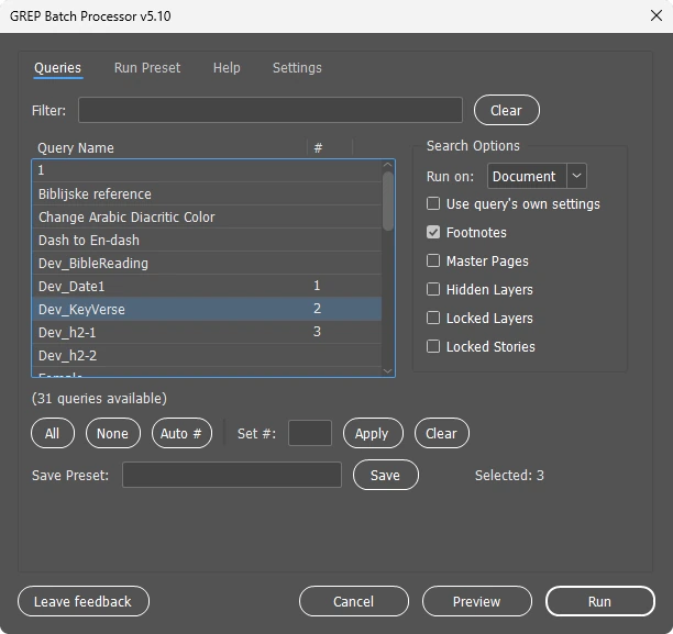 GREP Batch Processor queries tab in InDesign: saved GREP queries numbered in run order, search options, Preview and Run buttons