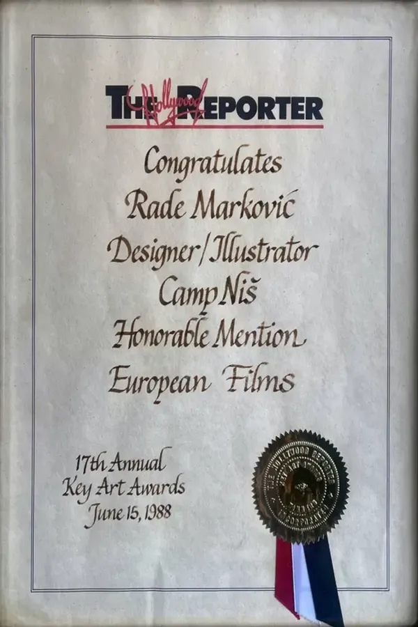 The Hollywood Reporter — Honorable Mention certificate awarded to Rade Markovic for the Lager Nis movie poster